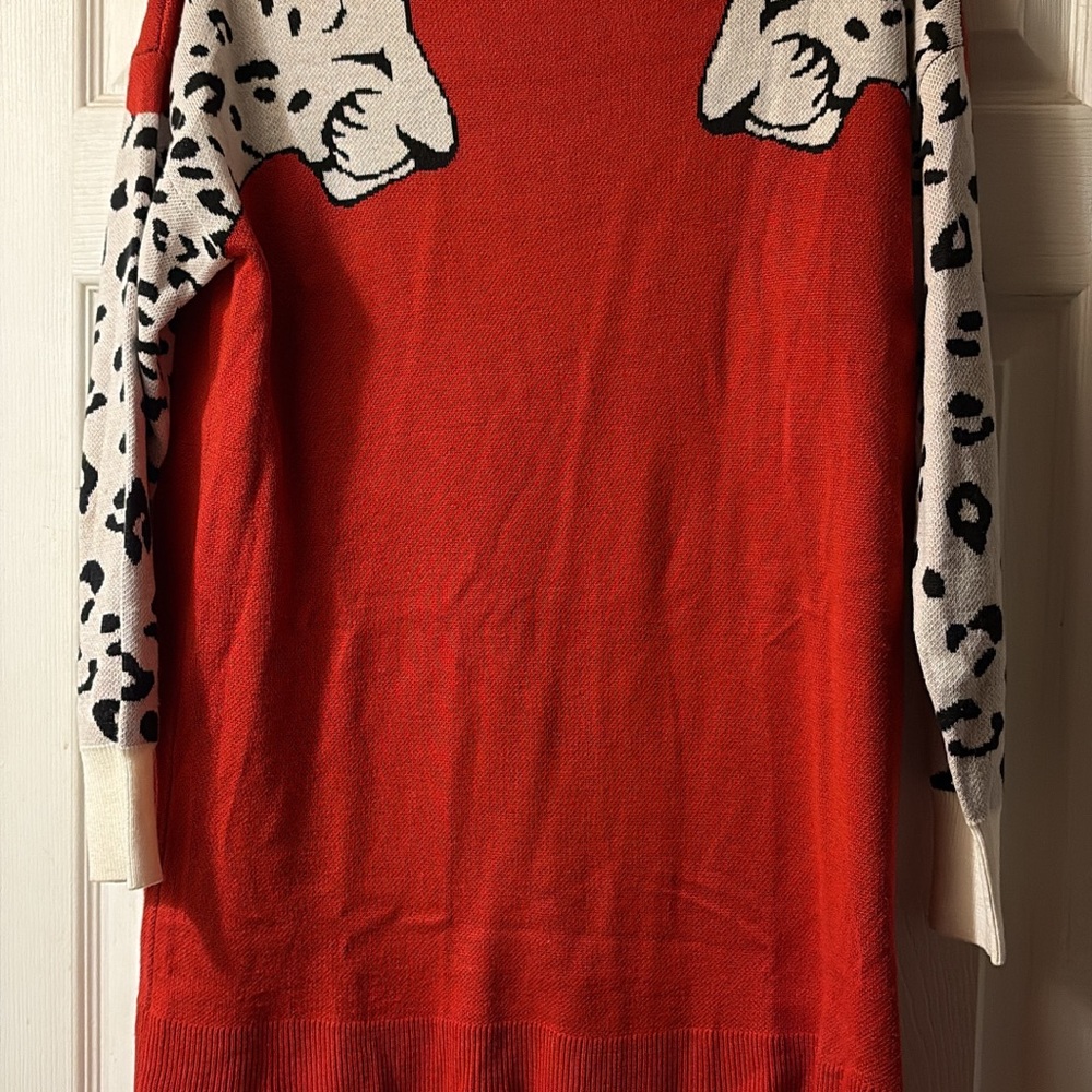 Red Sweater with Animal Print Sleeves